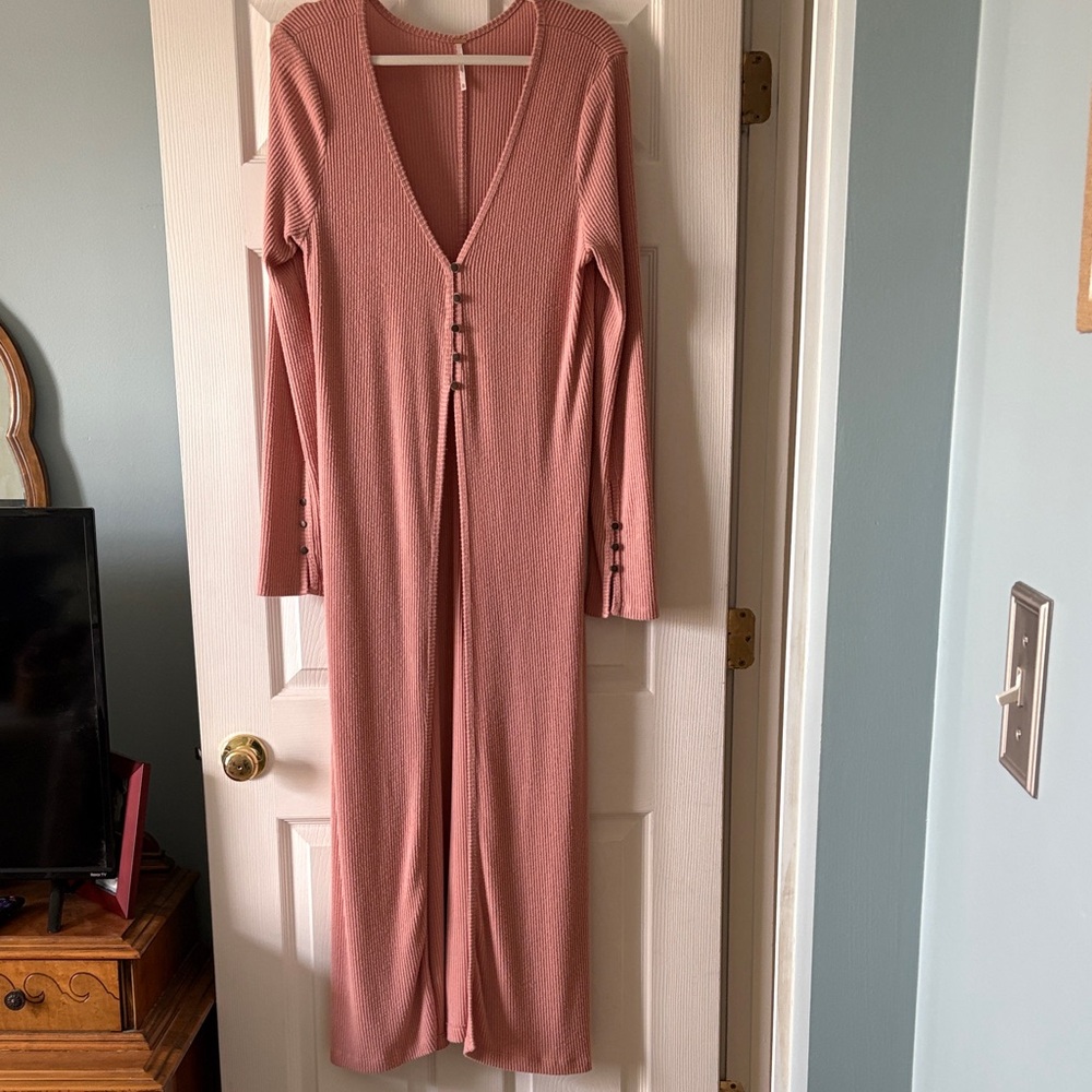 Free People Rose Pink Long Ribbed Button-Front Cardigan